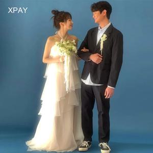 XPAY 간단한 홀터넥 넥 한국 웨딩 드레스 쉬폰 계층 민소매 바닥 길이 신부 가운 맞춤형 신부 파티 드레스