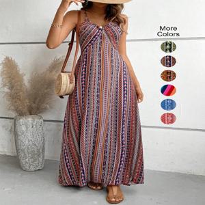 여성 여름 민족 패턴 등받이 분할 허벅지 드레스 숙녀 여름 옷 Boho 패션 프릴 트림 롱 드레스 비치