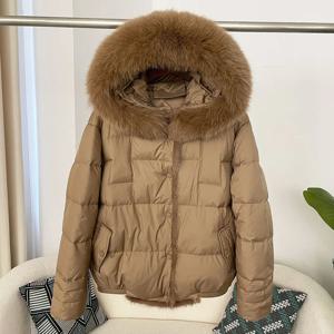 OTFBUY 여성용 진짜 여우 모피 재킷, 화이트 덕 다운 코트, 후드, 신상 푸퍼 코트, 가을 패션, 천연 밍크 모피 아웃웨어