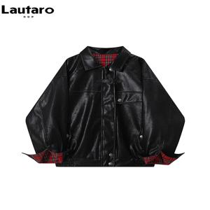 Lautaro-여성용 체크 무늬 패치워크 Pu 가죽 재킷, 오버사이즈, 소프트, 리버서블, 긴팔, 럭셔리 디자이너 의류, 봄