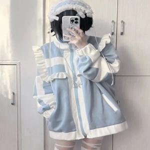 여성용 지퍼 맨투맨 오버사이즈 코트, 일본 Y2k 미적 스탠드 칼라, 카와이 후드, 그런지 하라주쿠 프릴 패치 코트
