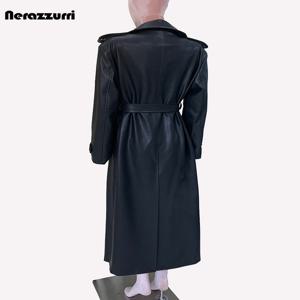 Nerazzurri 용수철 엑스트라 롱 방수 블랙 PU 가죽 트렌치 코트, 어깨 패드, 더블 브레스트, 한국 패션 2024