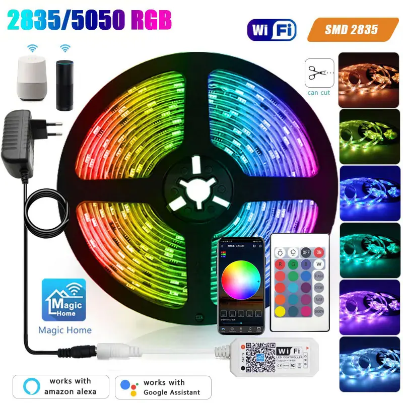 Led 스트립 빛 12V 5050 2835 Rgb 자체 접착 스마트 와이파이 리본 5M 10M 15M 20M 25M 30M 방수 야외 룸 크리스마스 빛