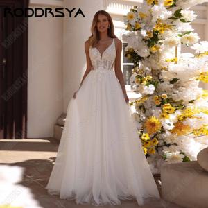 RODDRSYA 맞춤형 V넥 민소매 웨딩 드레스, 2025 신부 A 라인 아이보리 레이스 신부 보호 신부 가운, 백리스 아플리케RODDRSYA 맞춤형 V넥 민소매 웨딩드레스 2025 신부 A선 아이보리 레이스 신부 보헤미안 신부 드레스 오프숄더 꽃