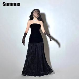 Sumnus 인어 블랙 벨벳 무도회 드레스, 우아한 레이스 스트랩리스 이브닝 원피스, 바닥 길이 민소매 정장 가운, 맞춤형