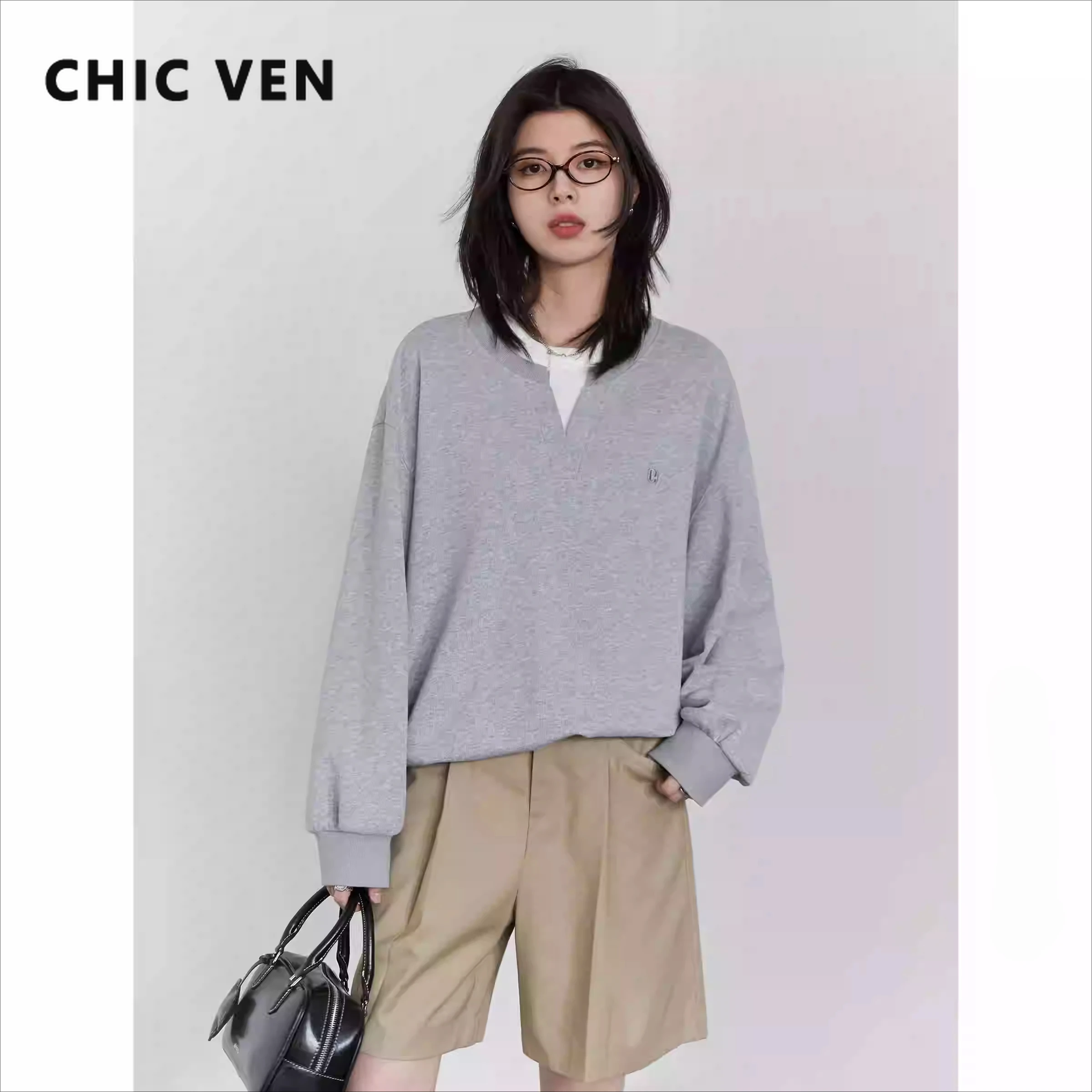 CHIC VEN 한국 여성 스웨터 루즈 캐주얼 새로운 대비 스플 라이스 까마귀 여성 탑 여성 T 셔츠 풀오버 봄 가을 2025