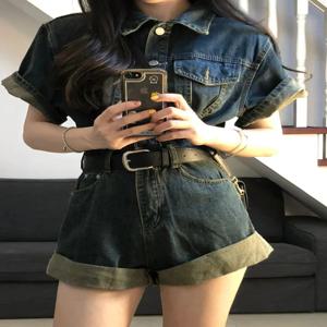 레트로 아메리칸 데님 점프수트 여성용 벨트 여름 디자인 슬리밍 와이드 레그 캐주얼 반바지 트렌디 하이웨이스트 숏 팬츠