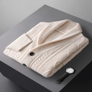 가을 겨울 남성 100% 메리노 울 니트 캐시미어 스웨터 두꺼운 자카드 코트 턴 다운 칼라 카디건 스마트 캐주얼 시크 탑