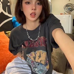 아메리칸 레트로 딥 그레이 퓨어 코튼 반팔 여성 티셔츠 여름 스트리트 루즈 오버 사이즈 라운드 넥 트렌디 탑