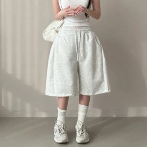 여름 Drawstring 넓은 다리 반바지 여성 피트니스 러닝 느슨한 캐주얼 대형 스포츠 반바지 땀 짧은 높은 탄성 레이스 업 바지