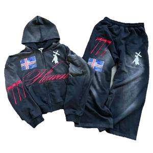 하이 스트리트 아메리칸 레트로 streetwear 남성 정장 투피스 세트 고스 하라주쿠 지퍼 까마귀 트렌디 캐주얼 스포츠 정장 스웨트