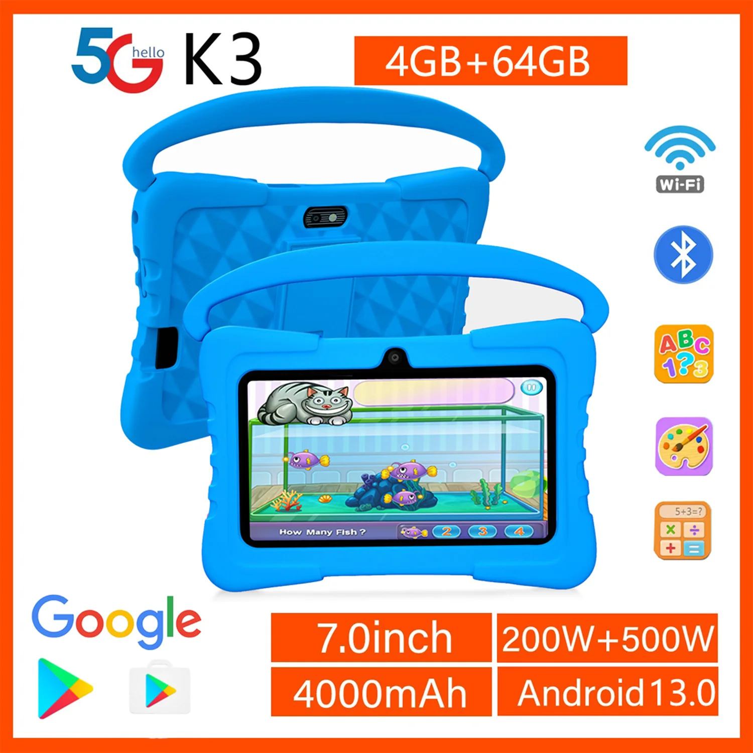 BDF-K3 키즈 7인치 안드로이드 태블릿 쿼드 코어 4GB+64GB ROM 만화 휴대용 어린이 보호 케이스 포함 어린이를 위한 최고의 선물