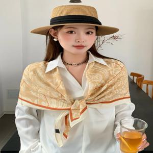 코코넛 꽃 패턴이있는 보헤미안 스타일 90CM 실크 스카프 코튼 린넨 Headscarf 비치 랩 여성용 목도리 Sun Protection