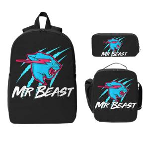 미스터 비스트 스쿨 백 세트 (남아/여아용) 게임용 비스트 스타일 펜 케이스, 책가방 세트 (점심 도시락 포함) 학생용