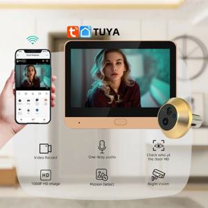 골드 컬러 2.4G Wifi 무선 도어 틈 구멍 카메라 1080P Tuya 스마트 보안 홈 비디오 아이 뷰어 마이크 내장