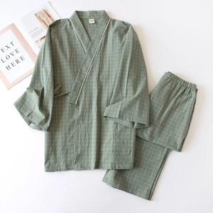 일본식 기모노, 면 거즈, 봄/가을 남성용 격자 무늬 나이트 가운, 투피스 홈 서비스 유카타 레이스업 파자마 세트