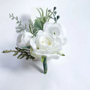 Boutonniere 웨딩 코르사주 꽃, 신부 들러리 남성용 인공 빨간 장미 팔찌, 단추 구멍, 하객 결혼 액세서리