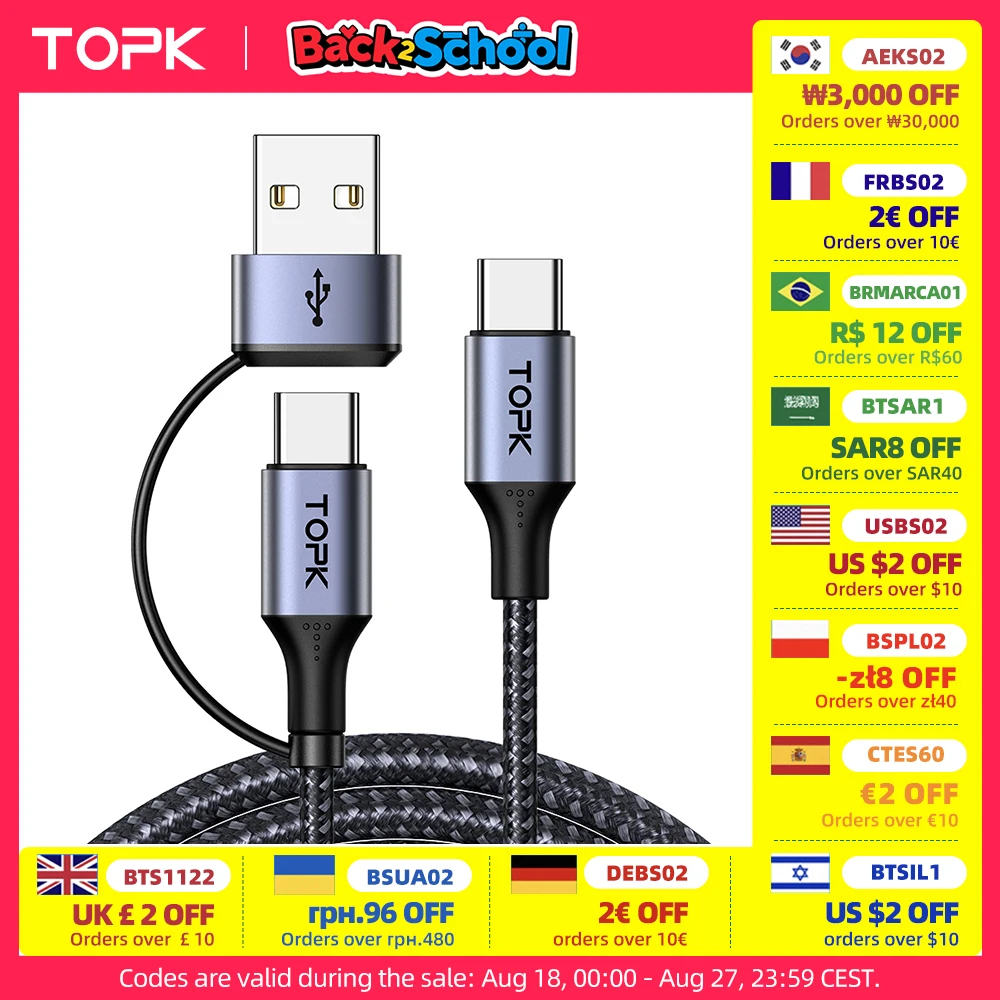 TOPK 60W PD 고속 충전기 케이블, USB C to USB C 타입 케이블, 맥북 프로 USB C PD 케이블, 삼성 샤오미 고속 충전