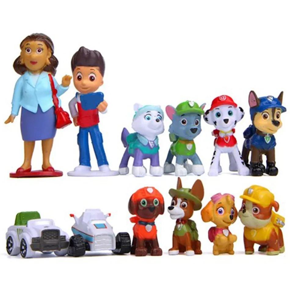 12pcs 발 순찰 피규어 Pawed Canina 애니메이션 만화 PVC 모델 인형 장난감 자동차 송곳니 어린이 생일 크리스마스 선물