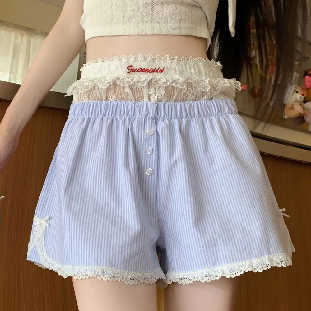 S,M,L,XL 섹시하고 귀여운 여름 스트라이프 반바지, 블루 핑크 신축성 허리 반바지, 단추 자수 레이스 반바지, 여성 여아용 레깅스