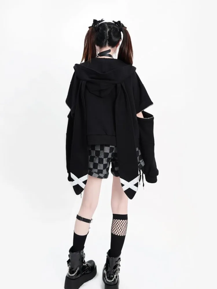 Hikigawa 세련된 패션 여성 가을 ​​streetwear 캐주얼 느슨한 토끼 귀 후드 코트 빈티지 캐주얼 지퍼 자켓 탑스 mujer