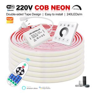 조광 가능한 COB LED 네온 스트립 조명, 벽 터치 와이파이 블루투스 23 키 리모컨 전원 키트, 220V 240LED, IC 실리콘 로프 포함