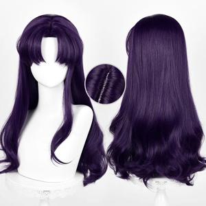 애니메이션 EVA Katsuragi Misato 코스프레 가발 55cm 긴 가발 검은 보라색 곱슬 머리 내열성 합성 가발 할로윈 파티