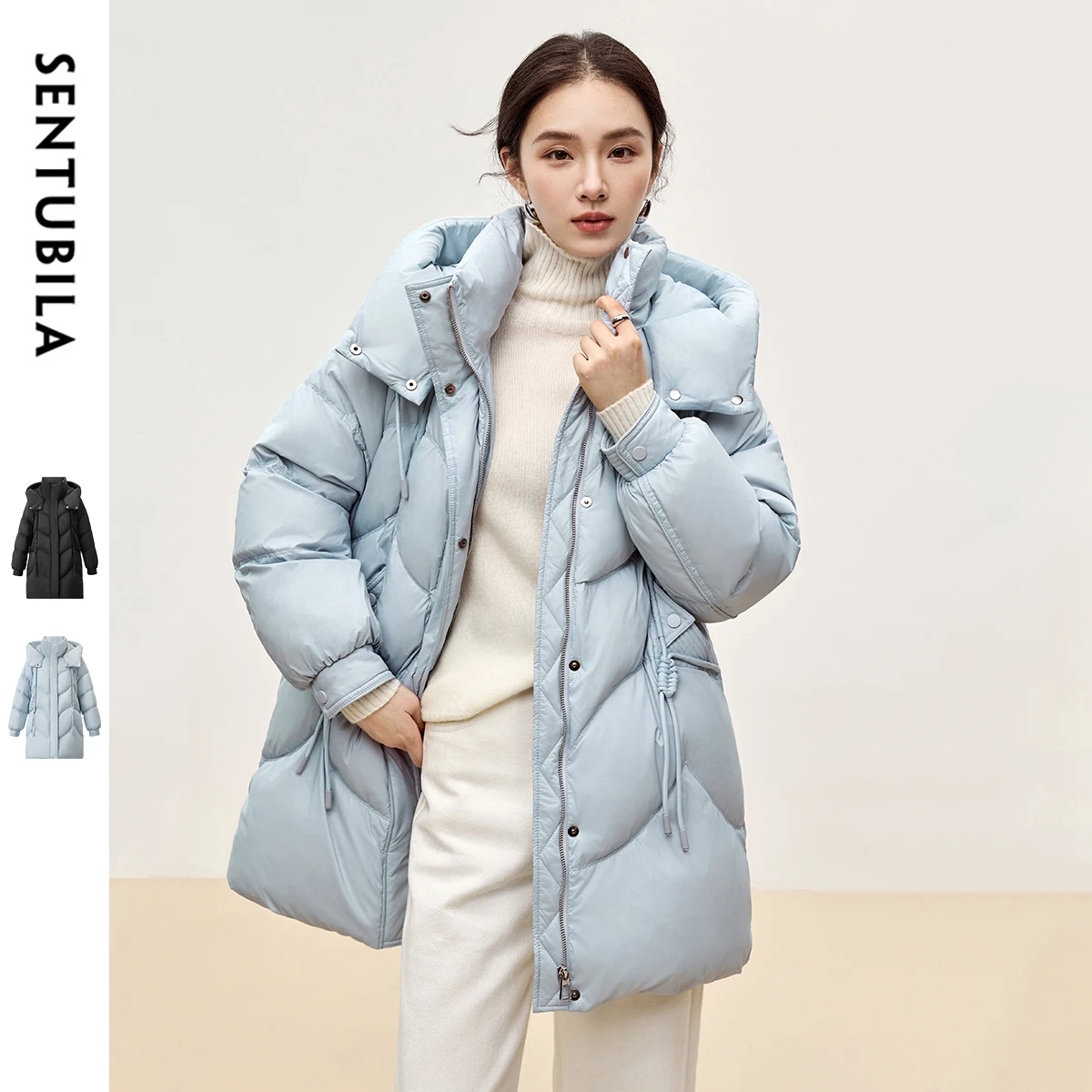 SENTUBILA 여성용 90% 화이트 덕 다운 코트, 두꺼운 스탠드 넥 롱 다운 코트, 퍼퍼 재킷, 2024 겨울 아우터, W44Y56274