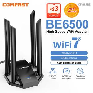 COMFAST WiFi 7 BE6500 USB 어댑터 2.4G/5.8G/6G USB 3.0 WIFI 고이득 4 안테나 네트워크 카드 PC/노트북 Win10/11 용 드라이버 프리