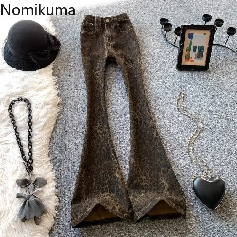 레오파드 프린트 플레어 바지 2025 New Bottoms Pantalon Femme 슬림 피트 패션 streetwear Y2k 청바지 캐주얼 빈티지 데님 바지