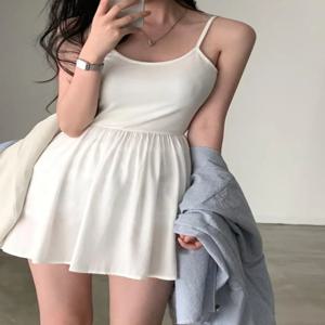 플러스 사이즈 300 파운드 여름 캐주얼 발레 디자인 퓨어 컬러 끈이 없는 드레스 한국 스타일 슬림 피트 짧은 스커트 a 라인 스커트