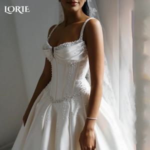 LORIE 우아한 새틴 웨딩 드레스, A 라인 비치 진주 신부 가운, 스파게티 스트랩, 프릴 V 코르셋 맞춤형 볼 신부 원피스