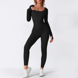 여성 스키니 점프 슈트 솔리드 컬러 립 니트 긴 소매 스퀘어 넥 Bodycon 점프 슈트 Romper 운동 스포츠 요가 Playsuits