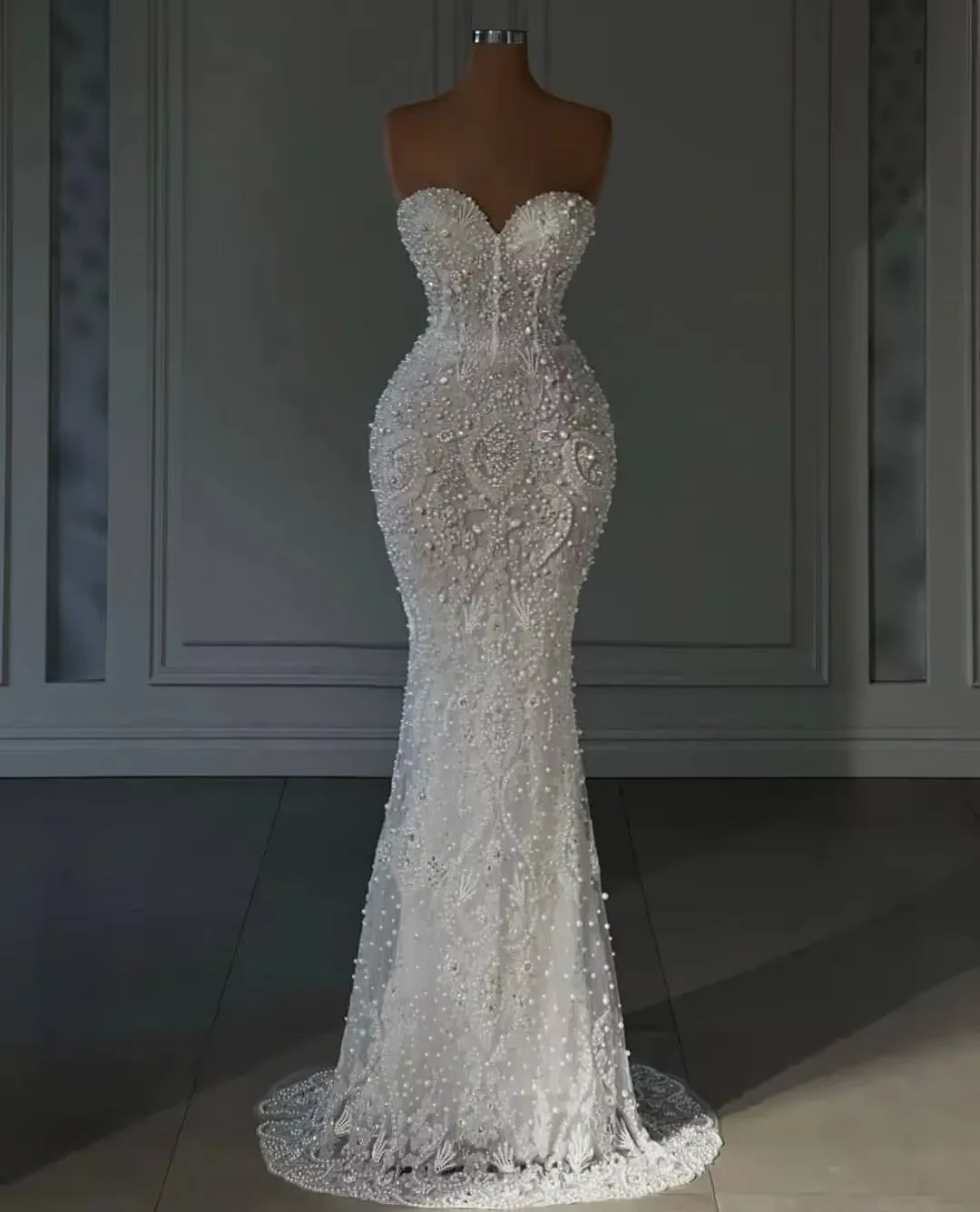 여성을위한 맞춤형 럭셔리 인어 웨딩 드레스 아가 목 민소매 신부 가운 진주 장식 조각 가운 vestidos de novia