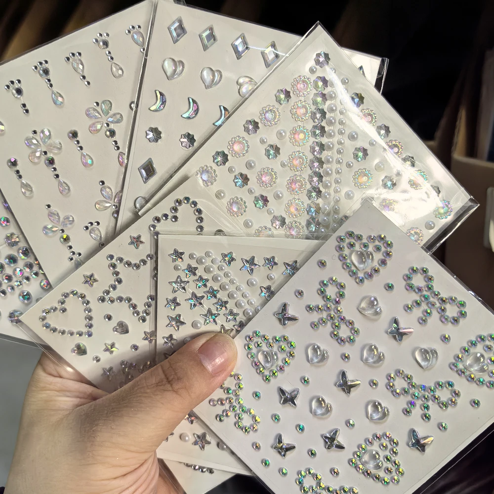1pcs 레이저 스파클 별 다이아몬드/진주 얼굴 보석 스티커 하트 달 모양 라인 석 눈/얼굴 스티커 임시 문신