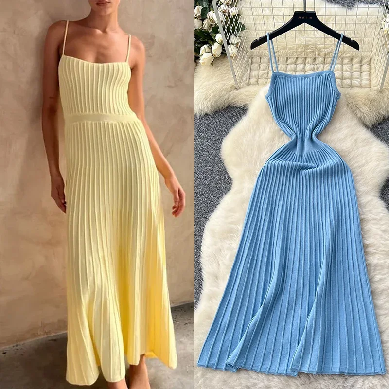 니트 Pleated 롱 드레스 높은 허리 미디 슬링 드레스 우아한 민소매 노란색 드레스 여성 streetwear 블랙 Bodycon 드레스