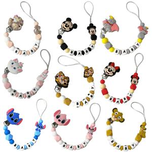 1PCS DIY 액세서리 선물 만화 미키 미니 덤보 심바 스티치 실리콘 비드 클립 체인 홀더 젖니가 남 체인