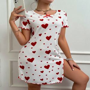 새로운 여성 파자마 러브 드레스 파자마 반팔 프린트 리본 루즈핏 파자마 홈웨어 편안하고 부드러운 인기 상품 선물