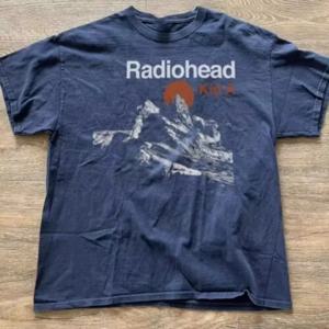Radiohead Kid A 앨범 투어 희귀 네이비 블루 티셔츠 반소매 티셔츠 남성 여성 같은 고품질 코튼 여름