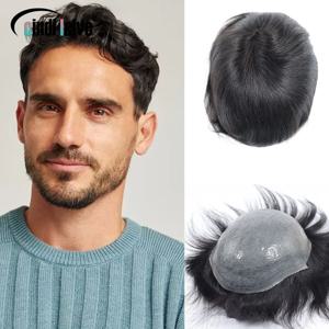 남성용 0.08-0.10MM 싱글 매듭 풀 PU 부분 가발, 인모 내추럴 블랙 남성 가발, 남성 모발 보철 헤어 유닛 교체