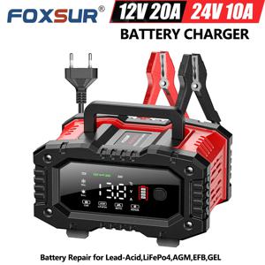 12V 20A & 24V 10A FOXSUR FPT-200 자동차 배터리 충전기 (모토 트럭 배터리 수리용, 납축전지 AGM LiFePo4 EFB GEL WET 호환)