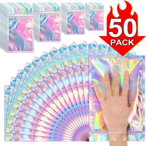 50-10Pcs 레이저 씰링 가방 홀로그램 Resealable 가방 지퍼 주머니 포장 저장 가방 식품 저장 캔디 호의 용품