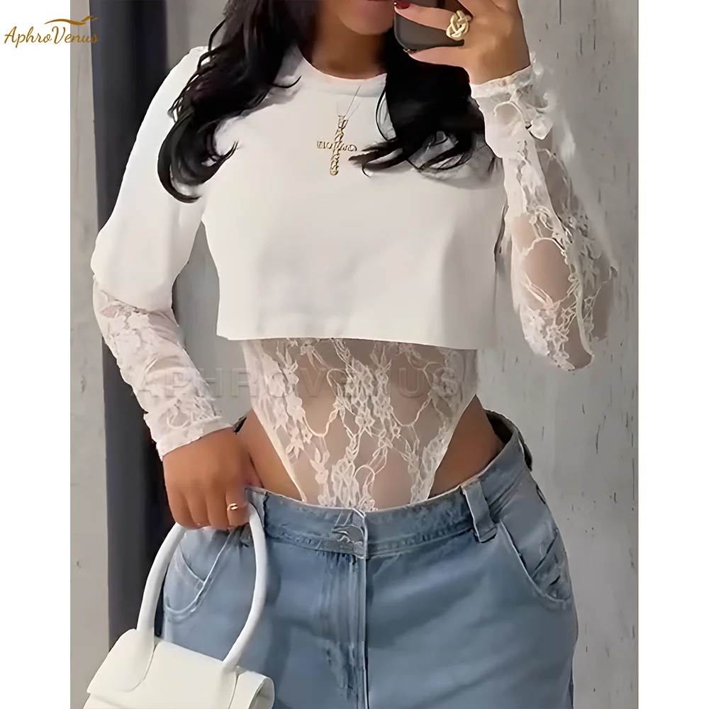섹시한 레이스 바디 슈트 티셔츠 2 피스 세트 여성 패션 란제리 Y2K streetwear 복장 캐주얼 여름 옷 S-XXL