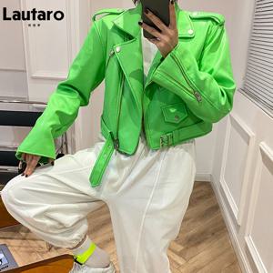 Lautaro-여성용 짧은 녹색 도마뱀 바이커 가죽 재킷, 긴팔, 지퍼 벨트, 컬러 스타일리시 아우터, Y2K 패션, 2024
