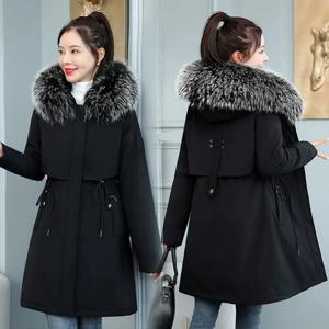 2025 새로운 여성 겨울 자켓 8XL 슬림 롱 코트 캐주얼 파카 큰 모피 칼라 울 라이너 후드 아웃웨어 코튼 웜 코트 여성