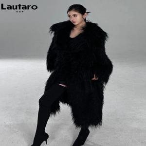 Lautaro 겨울 긴 검은 털이 얽히고 설킨 두꺼운 따뜻한 부드러운 푹신한 가짜 모피 코트 여성 새시 럭셔리 디자이너 오버 코트 활주로 패션