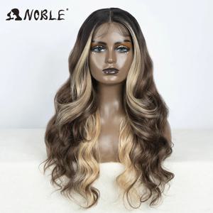 여성용 노블 레이스 프론트 합성 가발, 하이라이트 허니 다크 브라운 바디 웨이브, 금발 가발, 28 인치