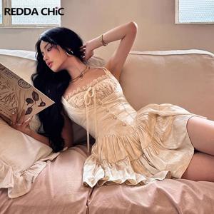 REDDAChiC 중세 레트로 새틴 미니 드레스 여성 원피스 자카드 꽃 레이스 코르셋 캐미 Rompers 날짜 외출 여름 옷