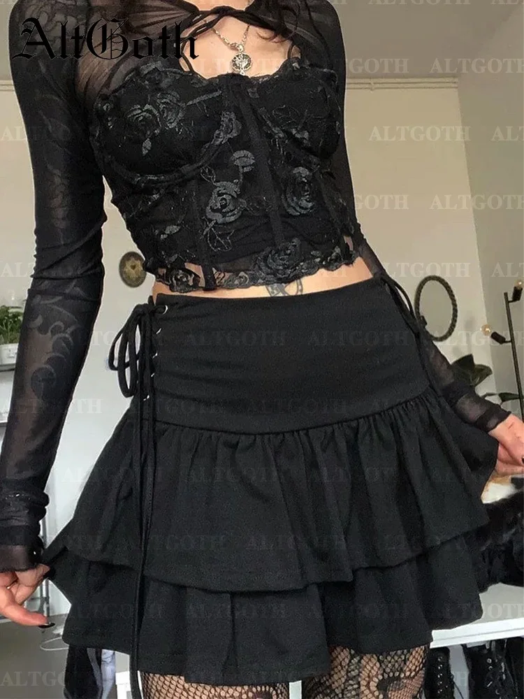 AltGoth Y2k 고딕 케이크 스커트 여성 다크 펑크 streetwear 붕대 하이 웨스트 스커트 하라주쿠 그런지 emo 대체 clubwear 스커트