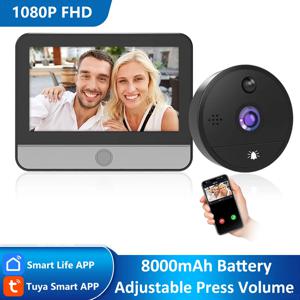 8000mAh 배터리 구동 1080P Tuya 스마트 라이프 홈 4.3' 디지털 WiFi 도어 뷰어 틈 구멍 초인종 아이 카메라 Alexa 발표